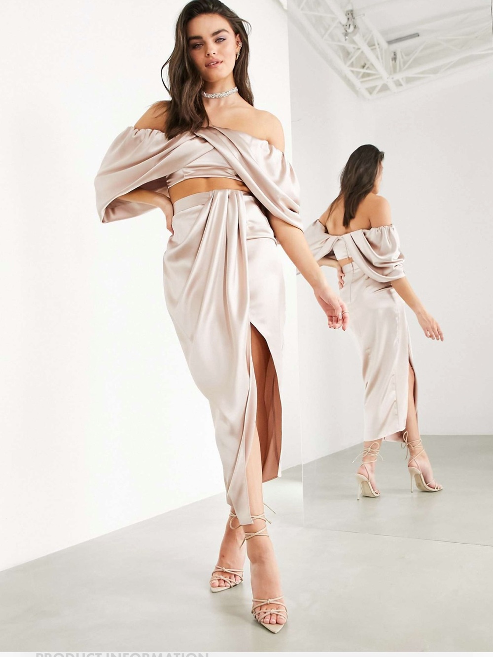 ASOS Satin Draped Off-Shoulder Top and Skirt Set in Champagne Pink Blush